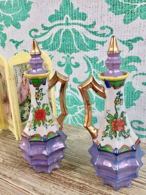 Vintage 1930s Japanese Chinoiserie Bottles, Antique Asian Lusterware Bottles